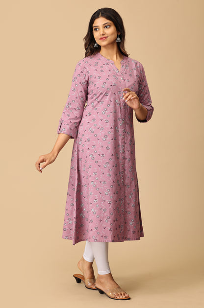 Mauve Rayon Slub Printed A-Line Kurti