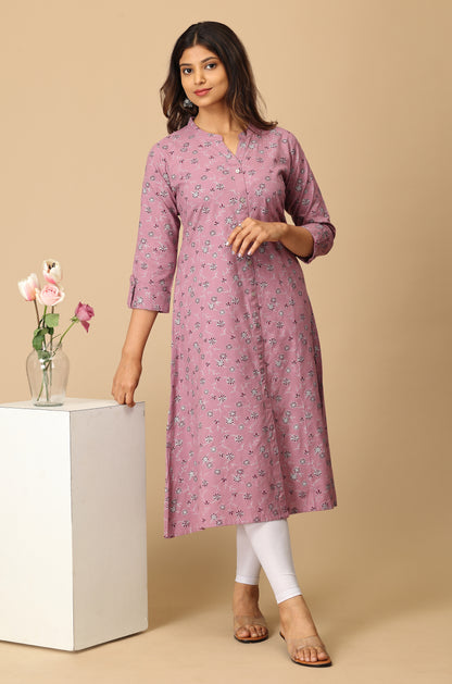 Mauve Rayon Slub Printed A-Line Kurti