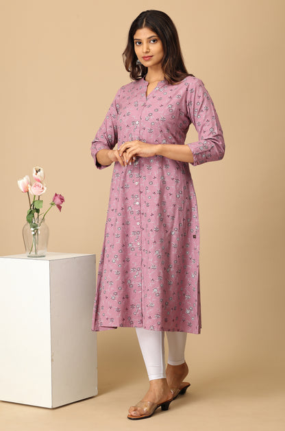 Mauve Rayon Slub Printed A-Line Kurti