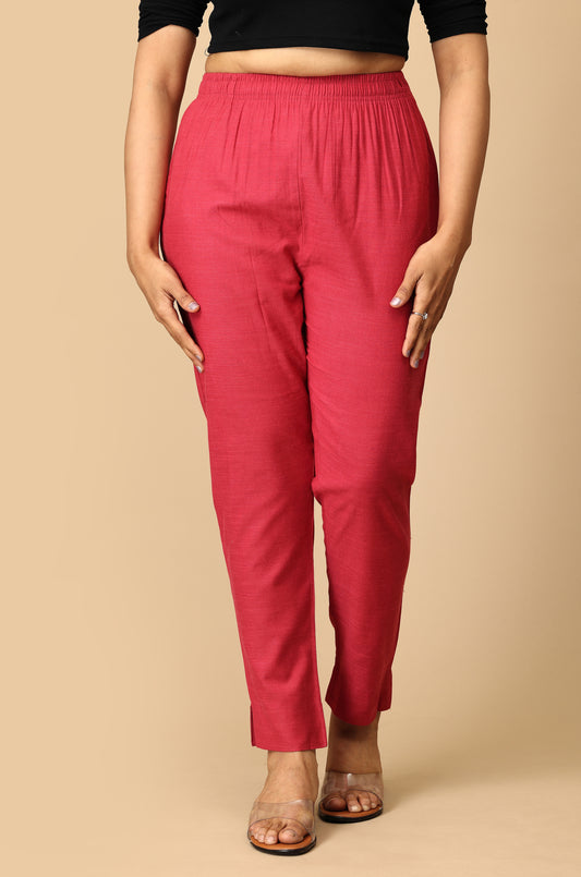 Magenta Rayon Slub Trouser Fit with Drawstring Cigarette Pant