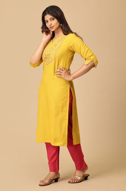 Mustard Khadi Embroidery Kurti