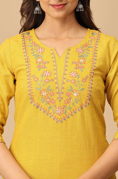 Mustard Khadi Embroidery Kurti