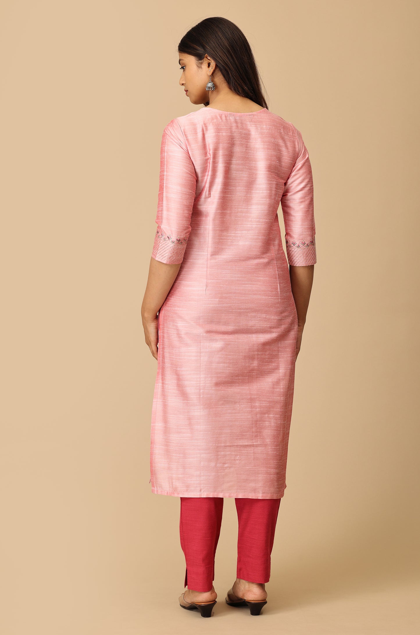 Peach Slub Silk Straight Kurti