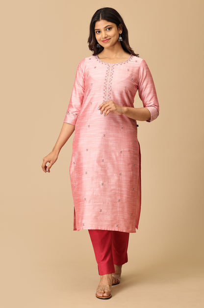 Peach Slub Silk Straight Kurti
