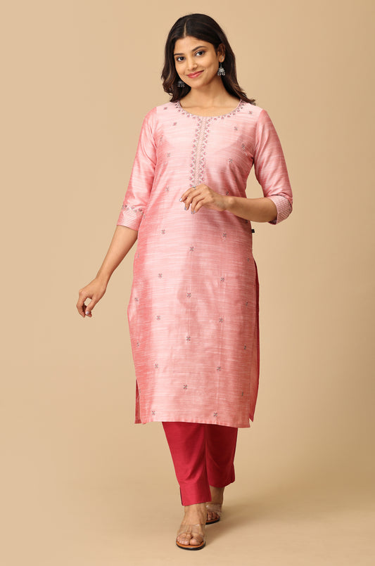 Peach Slub Silk Straight Kurti