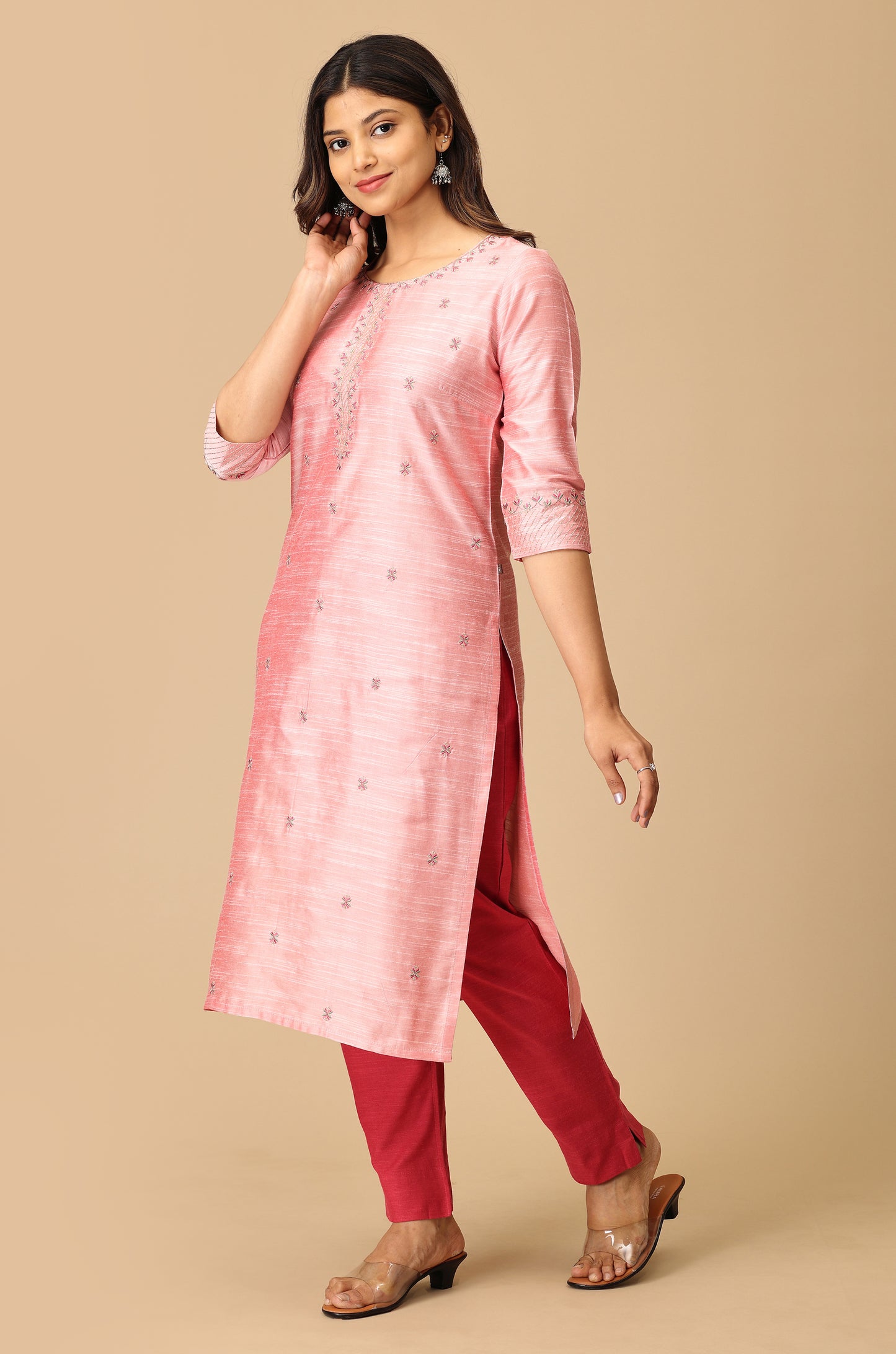 Peach Slub Silk Straight Kurti