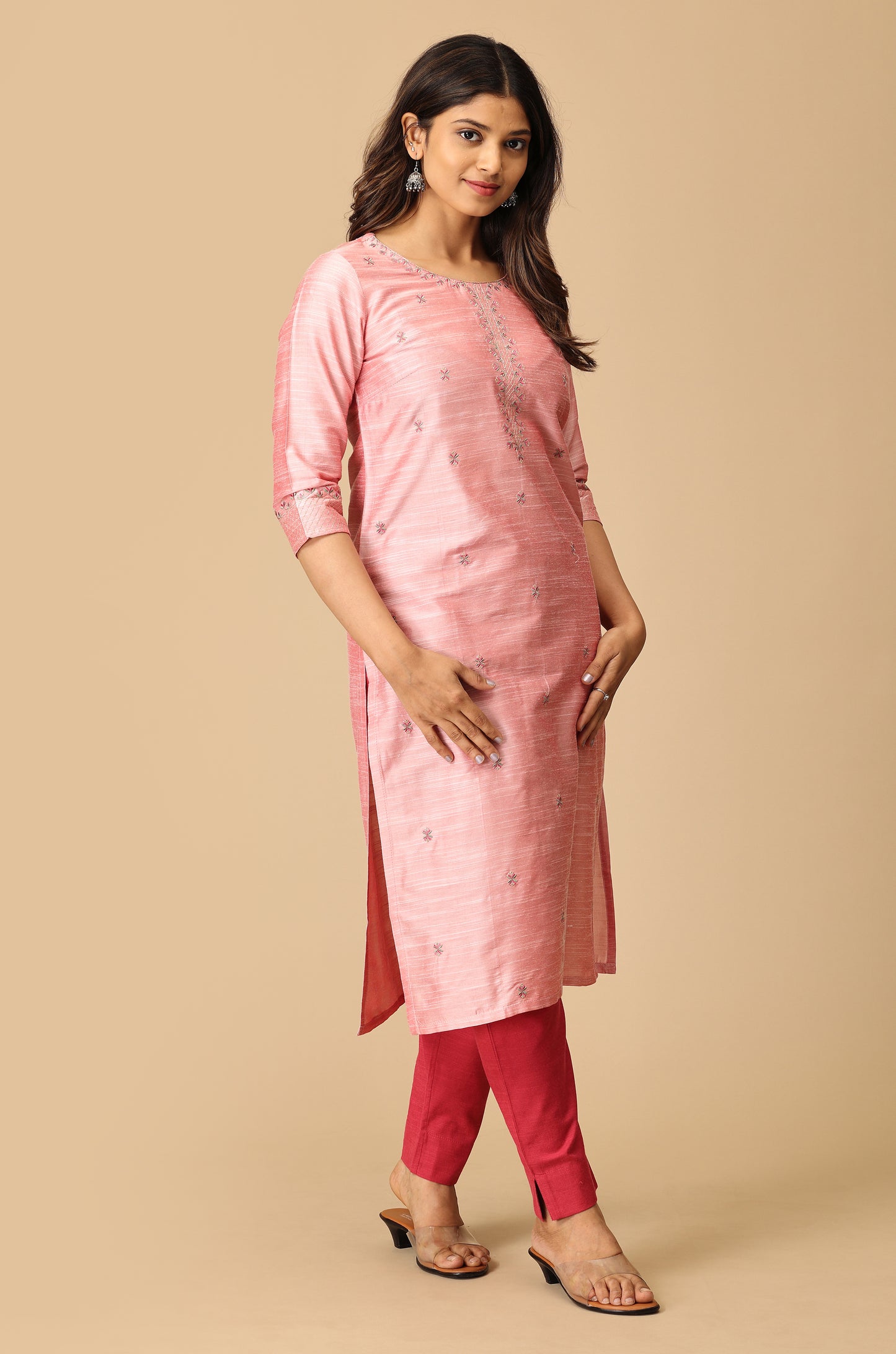 Peach Slub Silk Straight Kurti