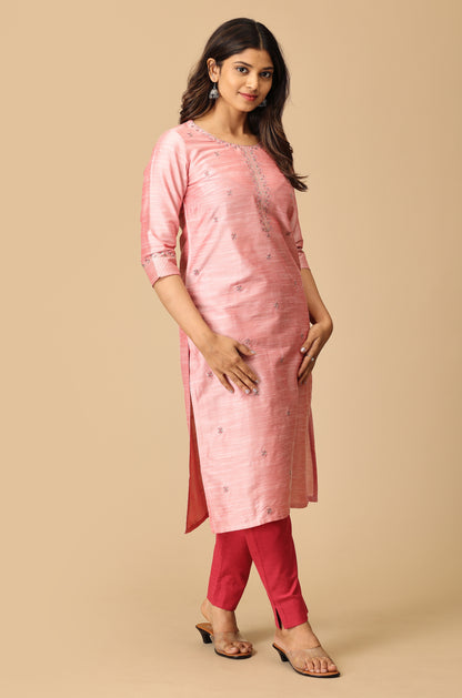 Peach Slub Silk Straight Kurti