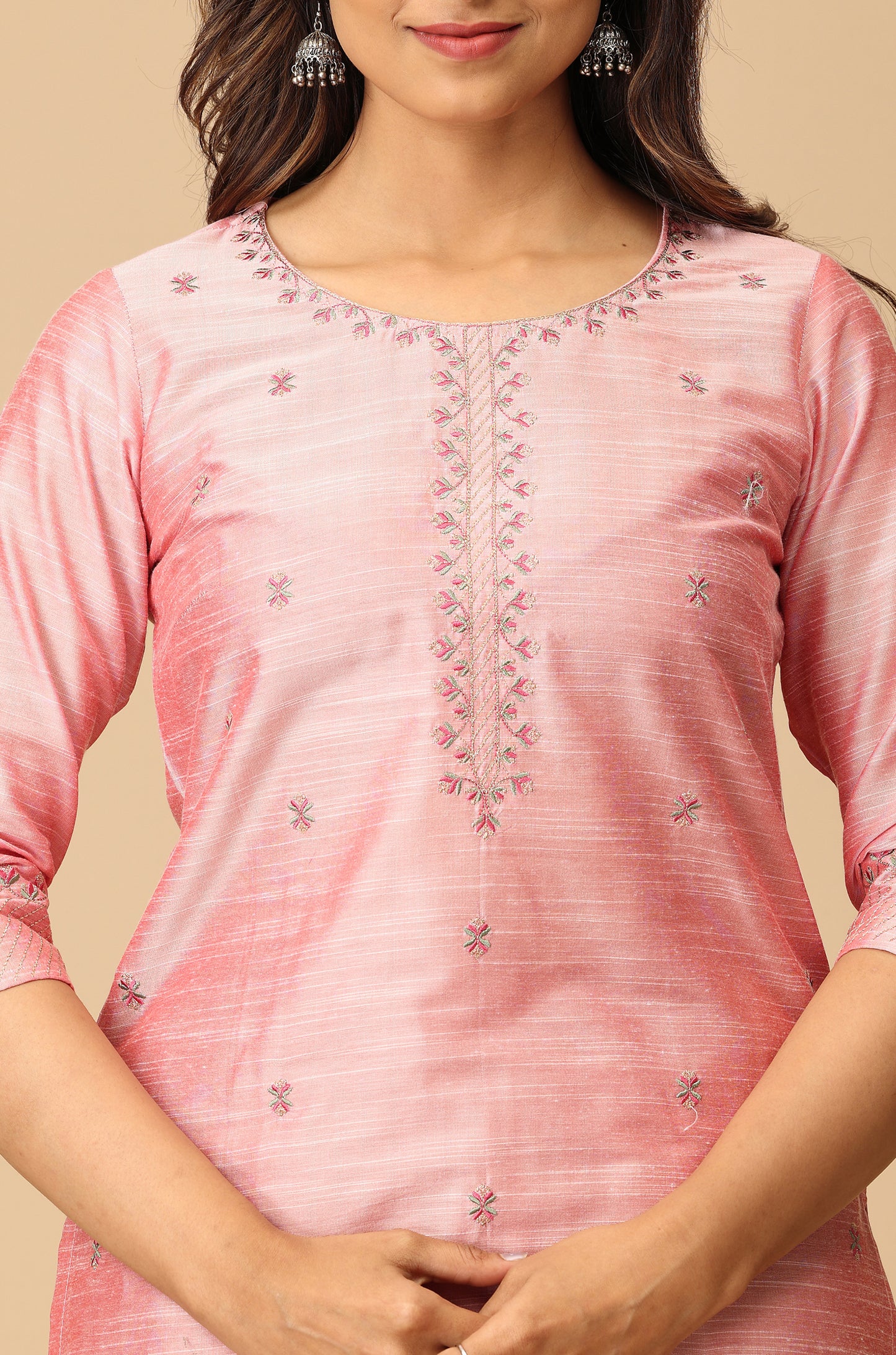 Peach Slub Silk Straight Kurti