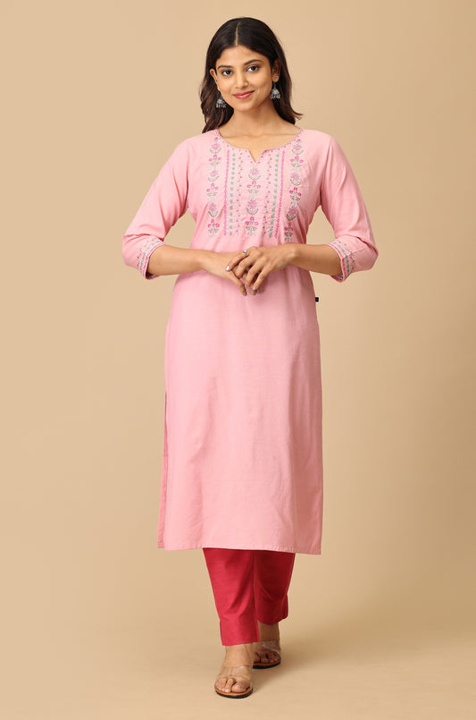 Baby Pink Cotton Embroidery Kurti