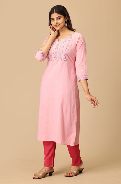 Baby Pink Cotton Embroidery Kurti