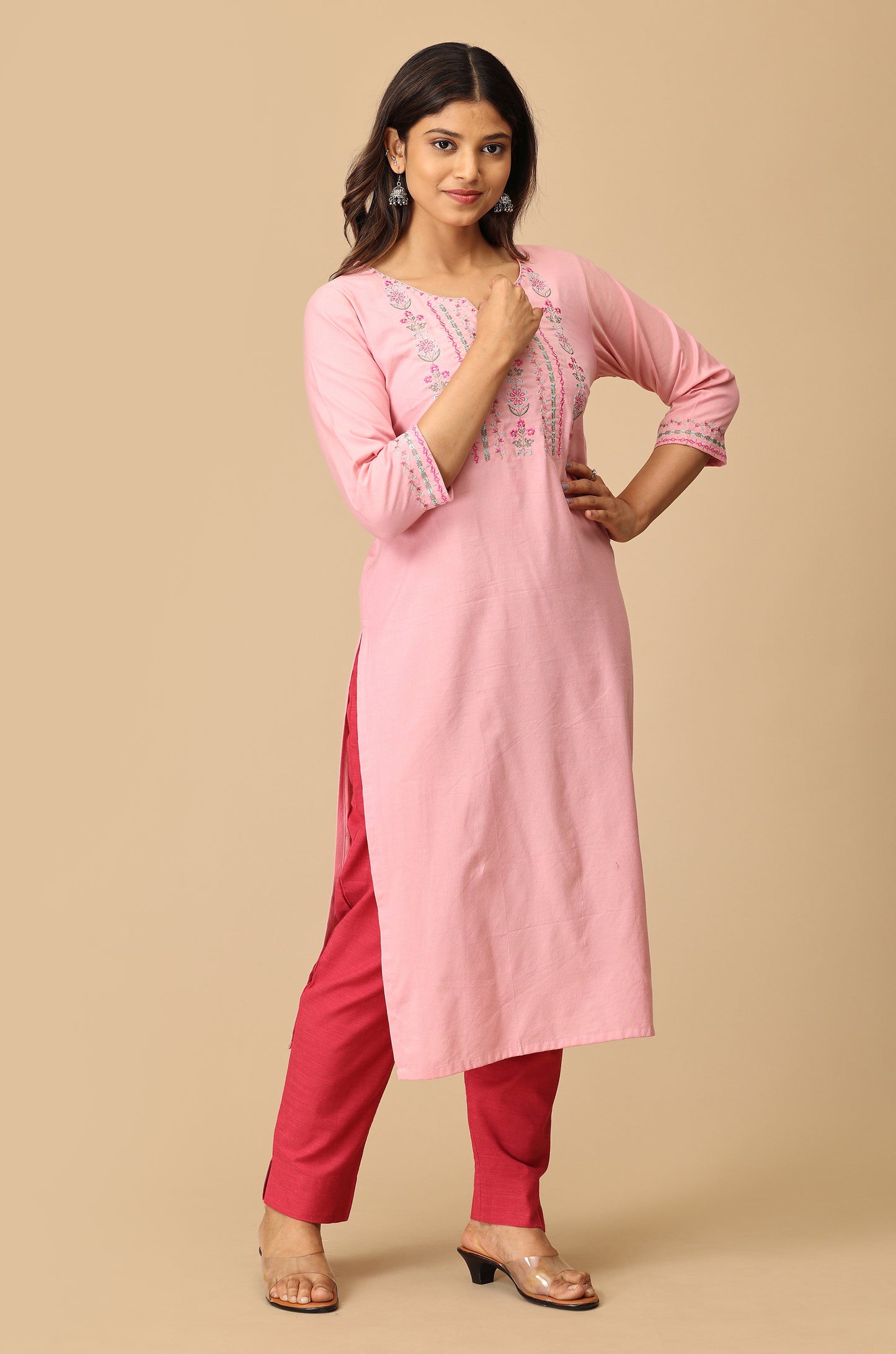 Baby Pink Cotton Embroidery Kurti