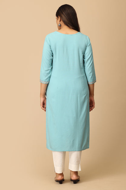 Light Teal BB Cotton Embroidery Kurti