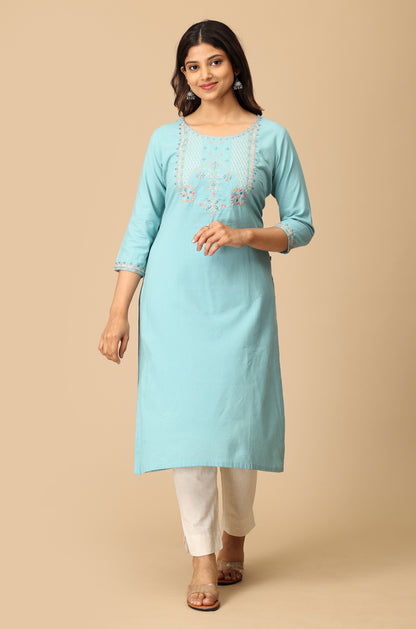 Light Teal BB Cotton Embroidery Kurti
