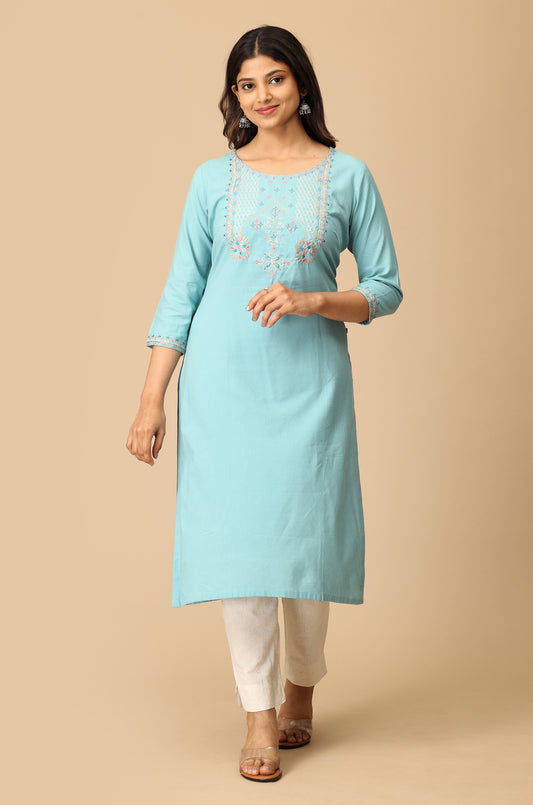 Light Teal BB Cotton Embroidery Kurti