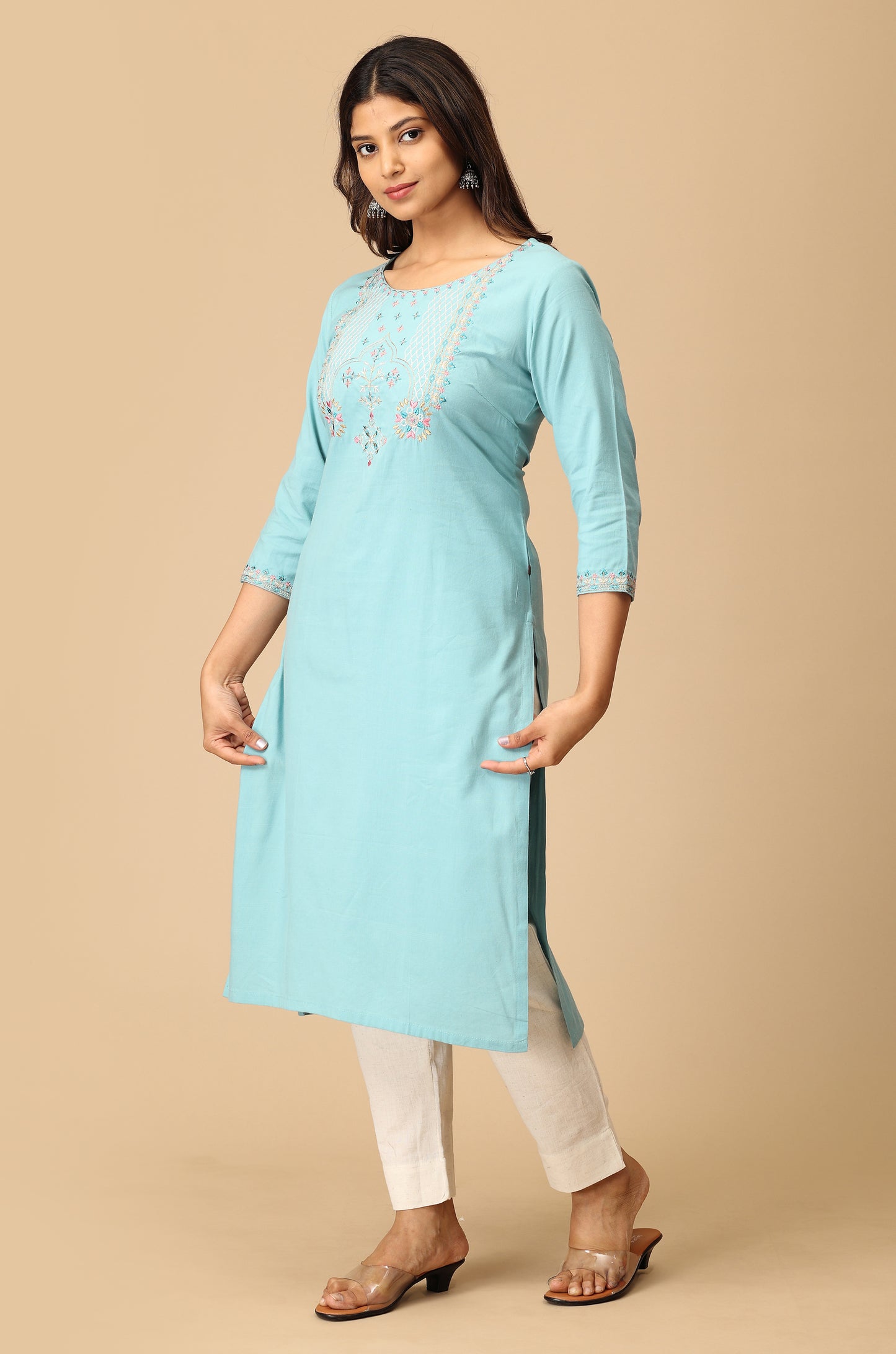 Light Teal BB Cotton Embroidery Kurti