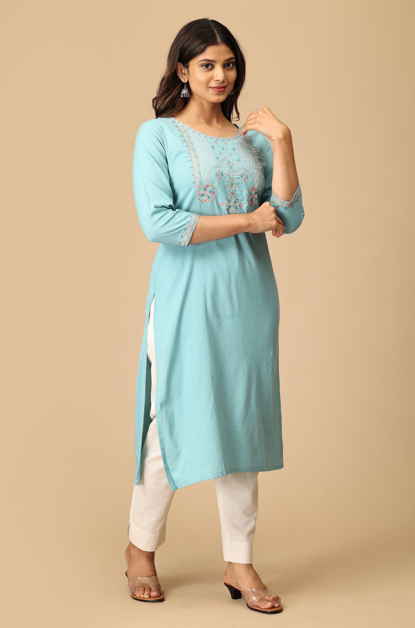 Light Teal BB Cotton Embroidery Kurti