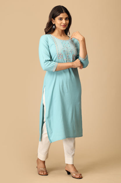 Light Teal BB Cotton Embroidery Kurti