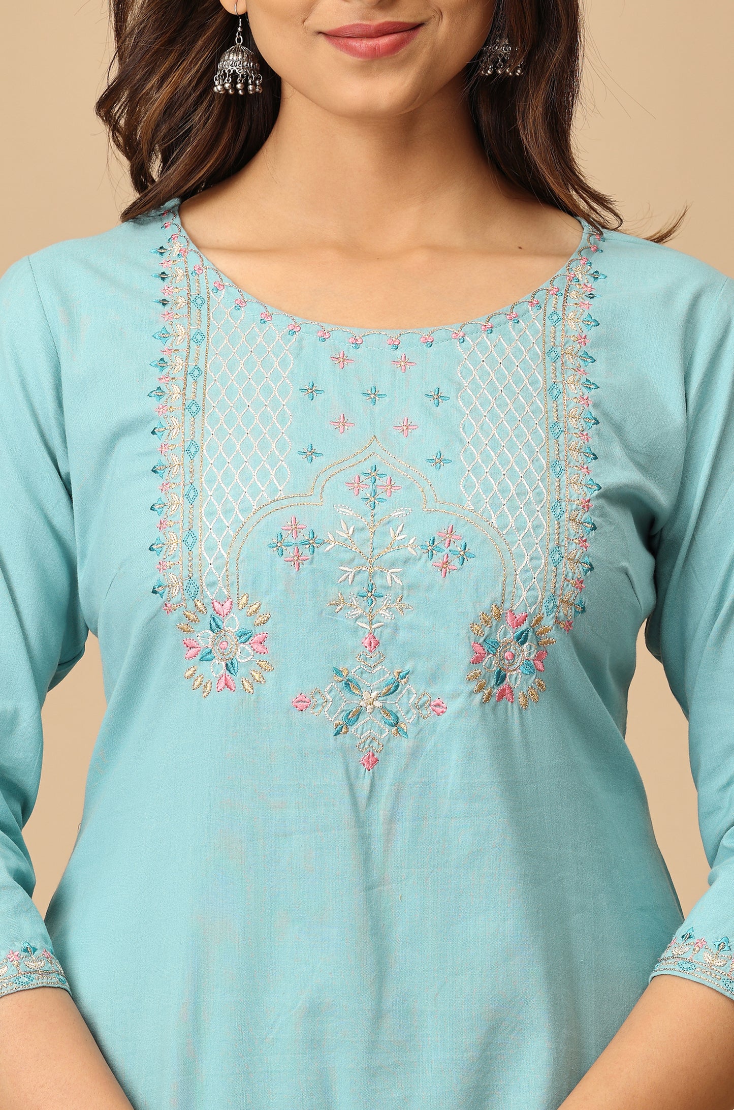 Light Teal BB Cotton Embroidery Kurti