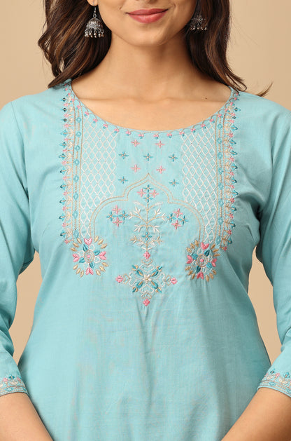 Light Teal BB Cotton Embroidery Kurti