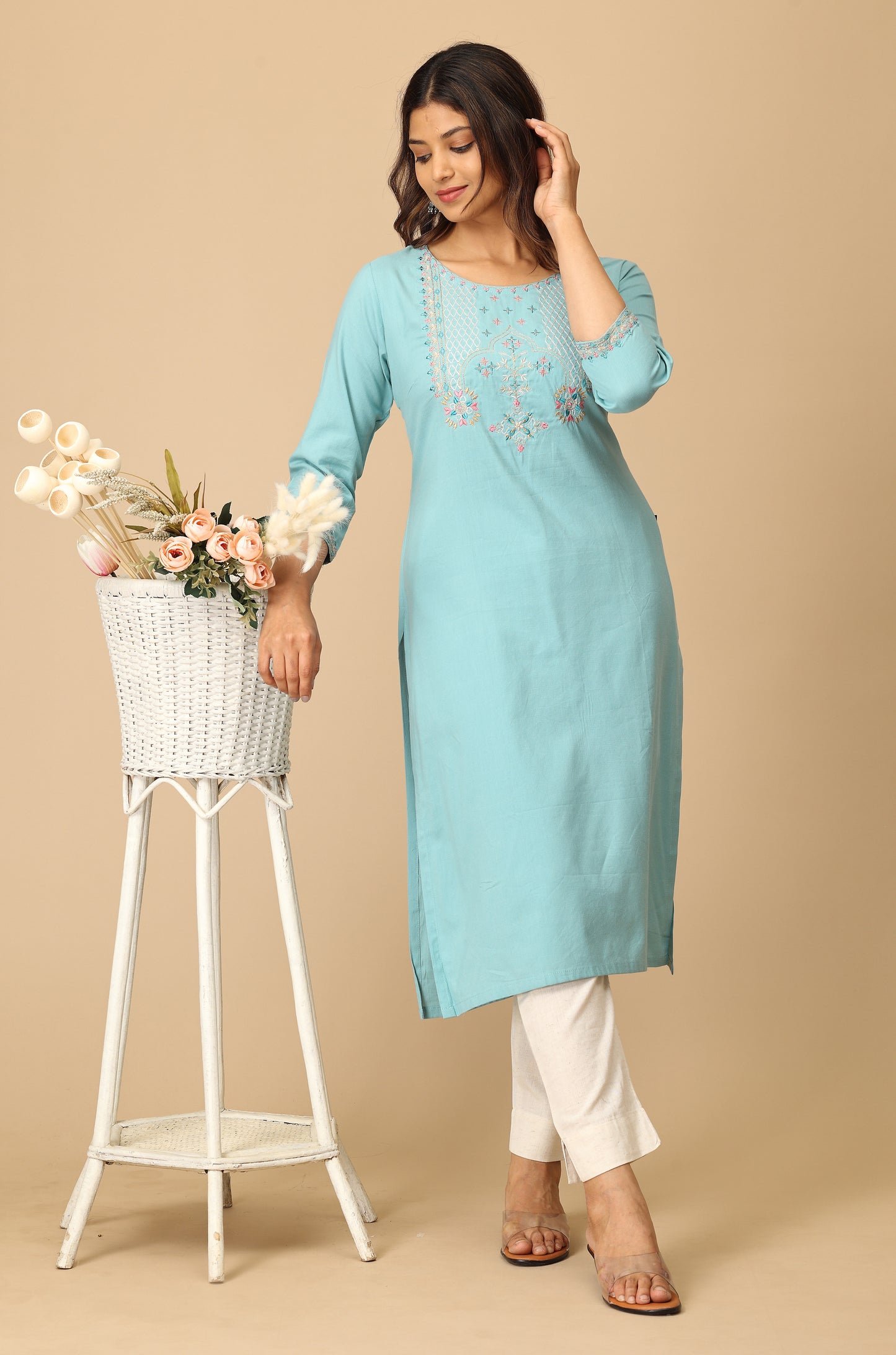 Light Teal BB Cotton Embroidery Kurti