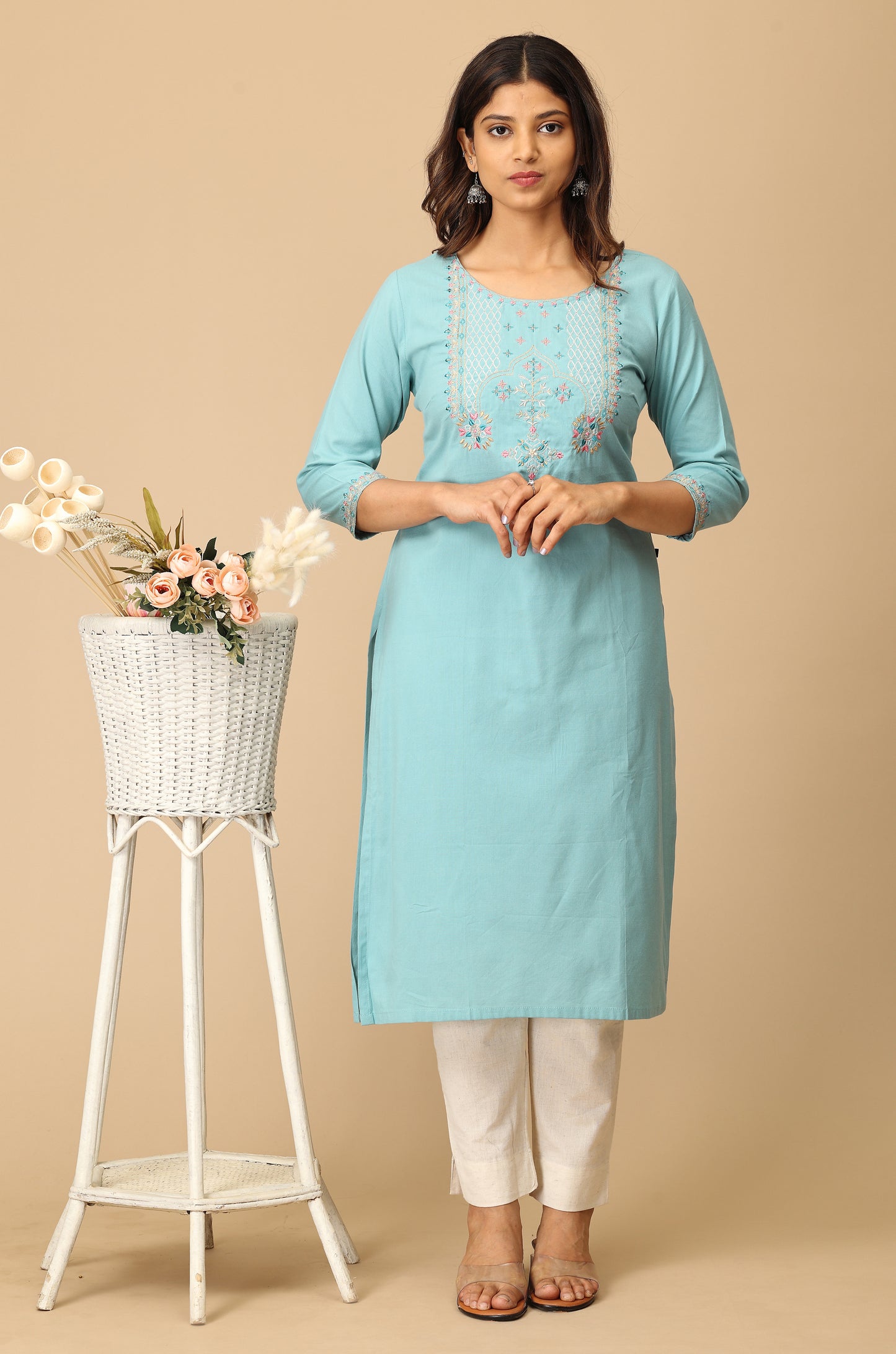 Light Teal BB Cotton Embroidery Kurti