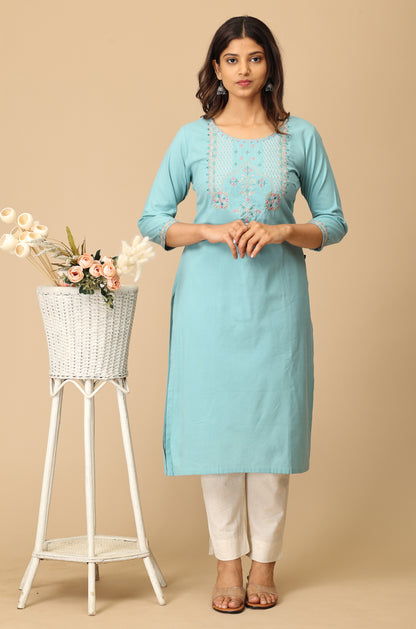 Light Teal BB Cotton Embroidery Kurti
