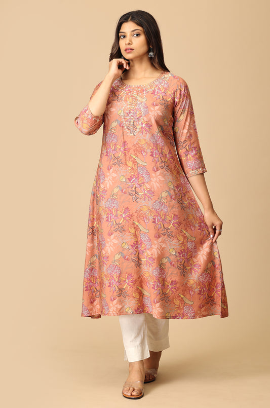 Peach Modal Printed & Embroidery Kurti