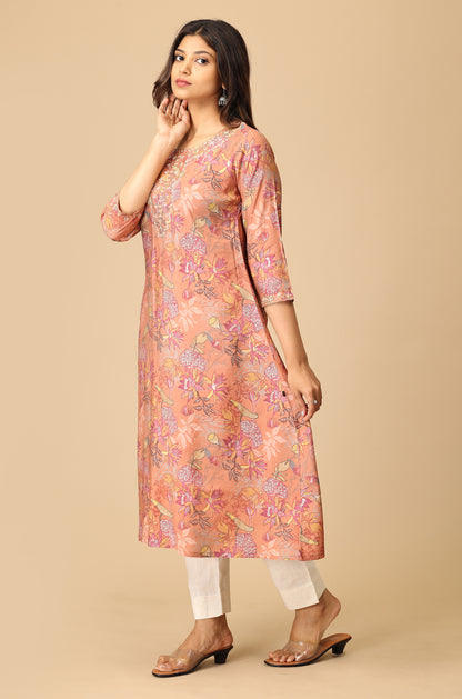 Peach Modal Printed & Embroidery Kurti