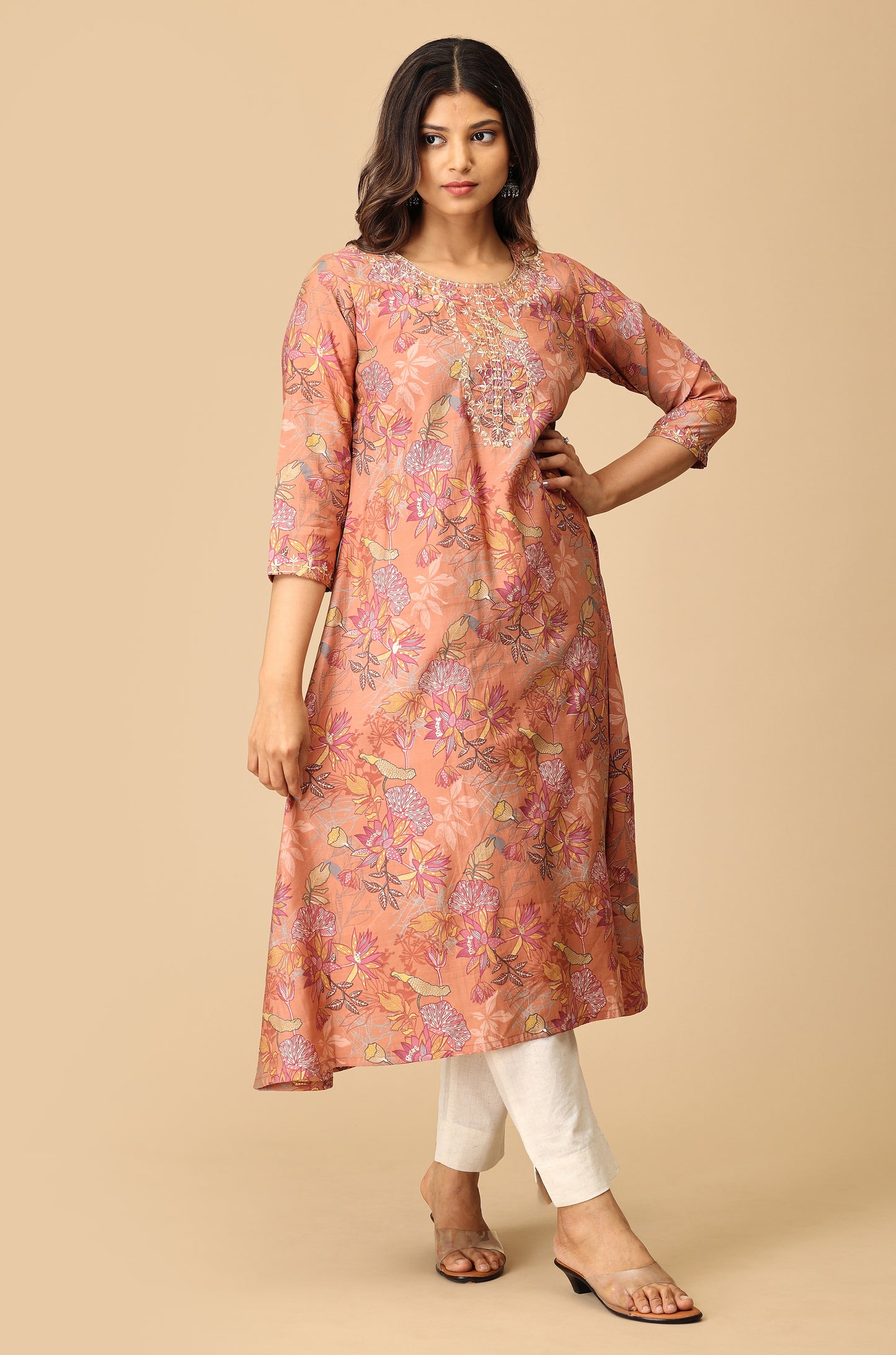 Peach Modal Printed & Embroidery Kurti