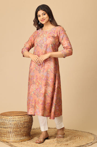 Peach Modal Printed & Embroidery Kurti