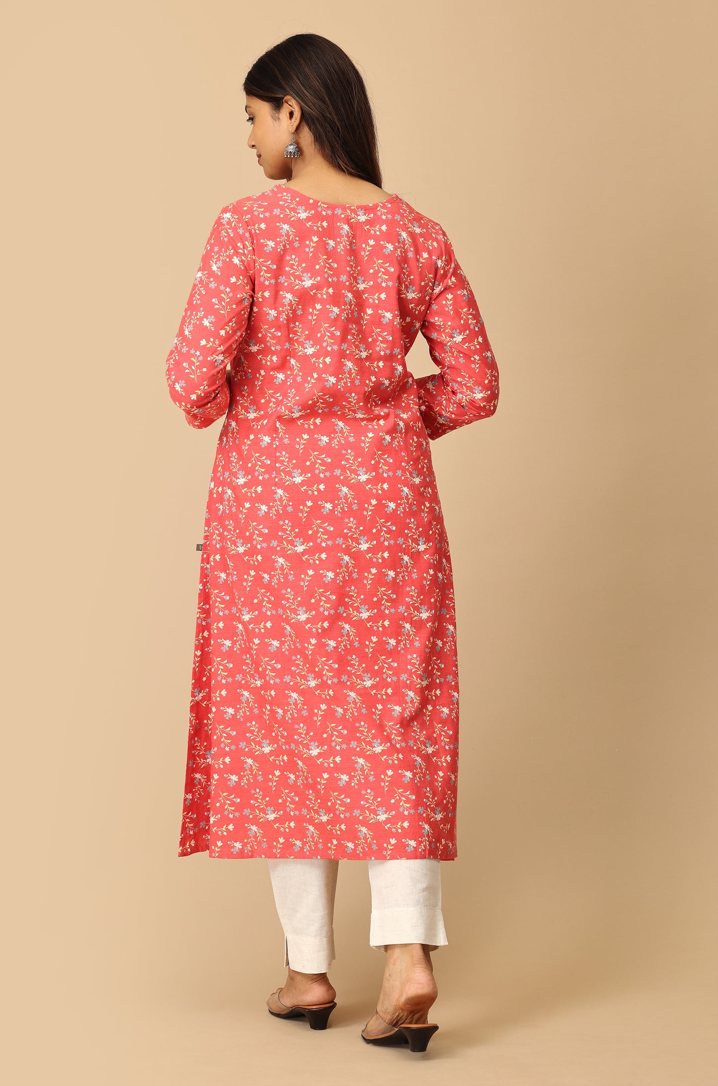 Coral Rayon Slub Print with Neck Piping Kurti