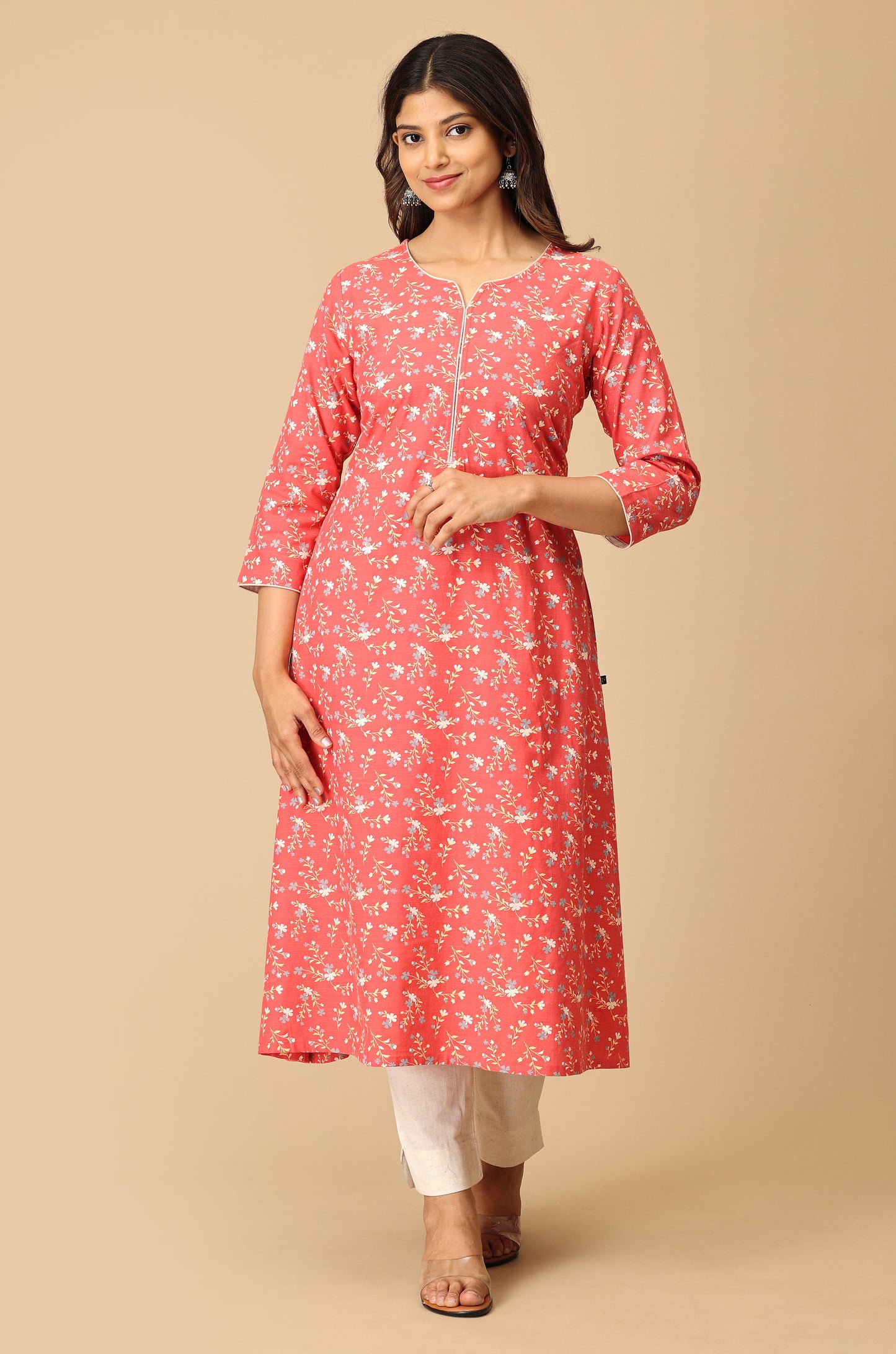 Coral Rayon Slub Print with Neck Piping Kurti