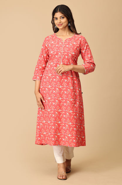 Coral Rayon Slub Print with Neck Piping Kurti