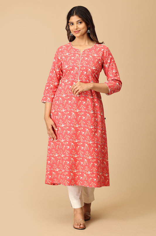 Coral Rayon Slub Print with Neck Piping Kurti