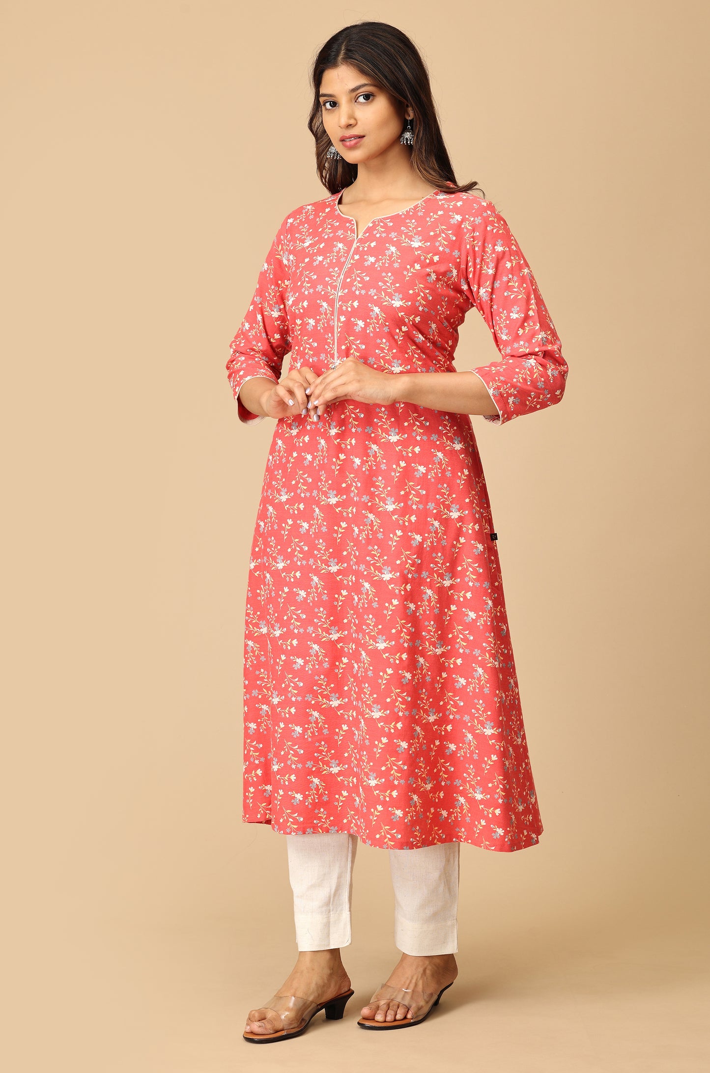 Coral Rayon Slub Print with Neck Piping Kurti