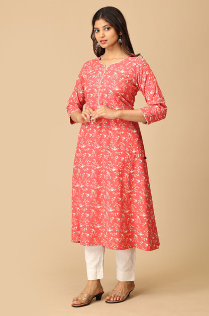 Coral Rayon Slub Print with Neck Piping Kurti