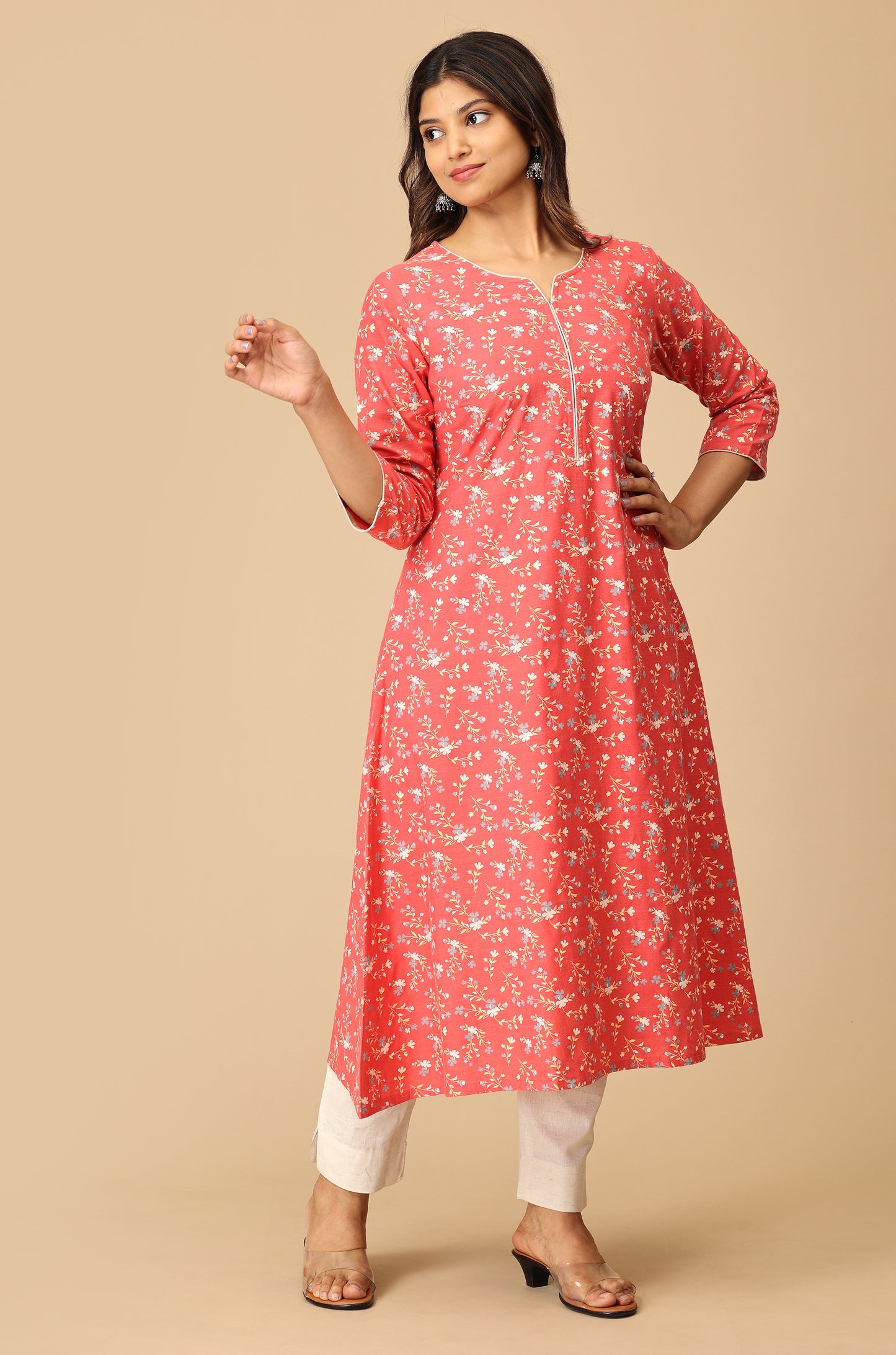 Coral Rayon Slub Print with Neck Piping Kurti