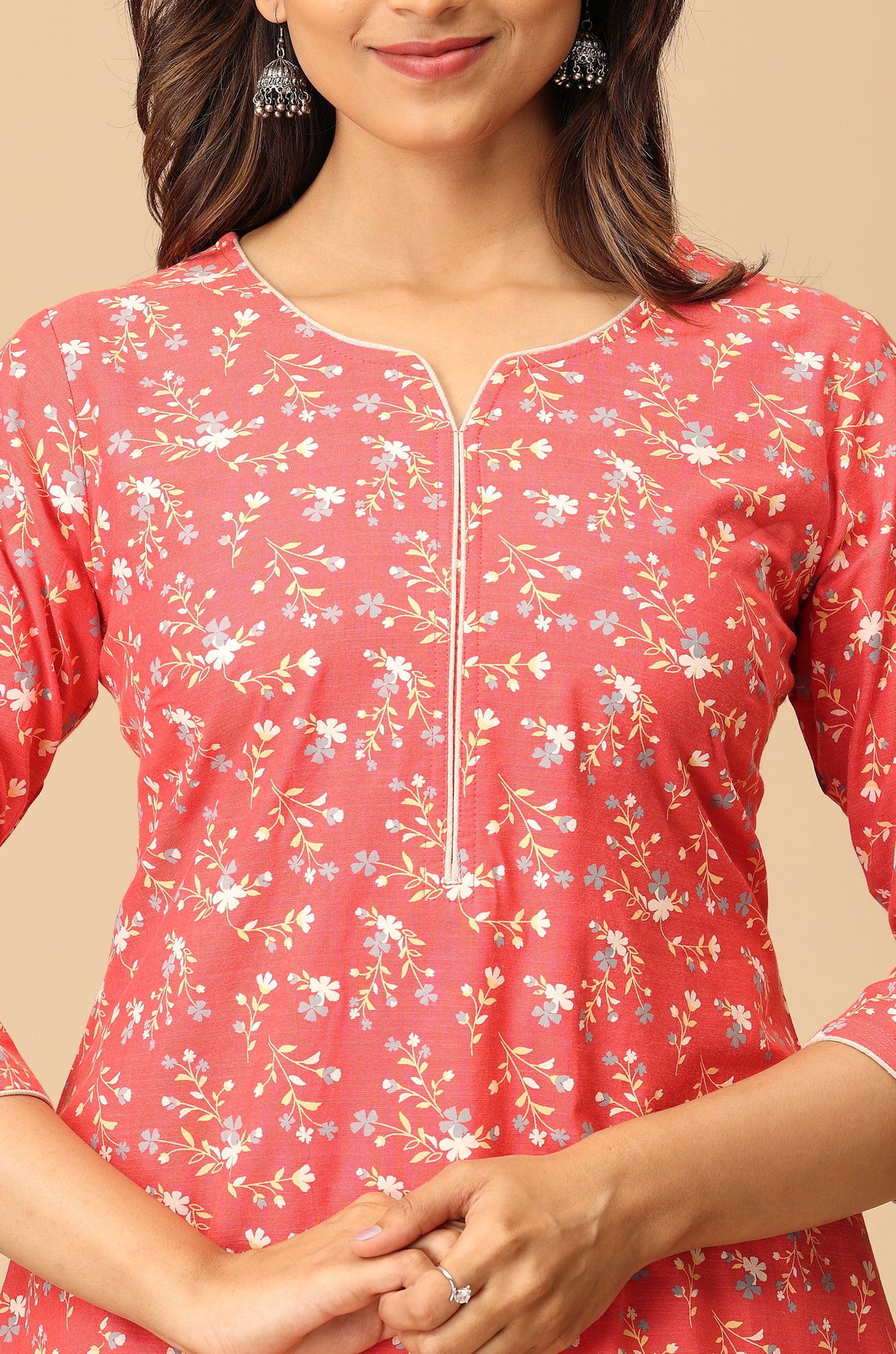 Coral Rayon Slub Print with Neck Piping Kurti
