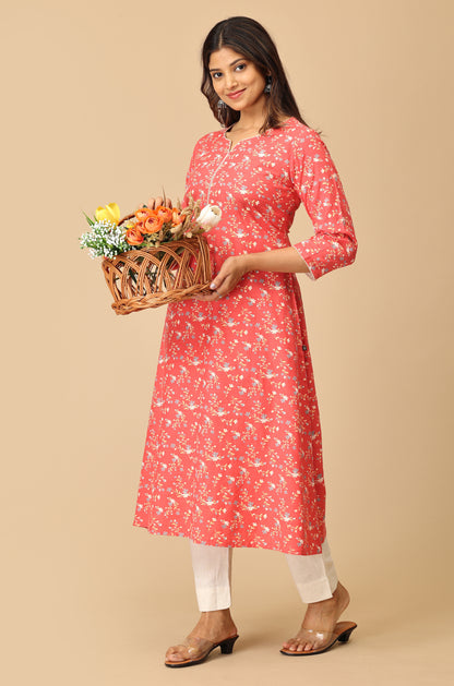 Coral Rayon Slub Print with Neck Piping Kurti