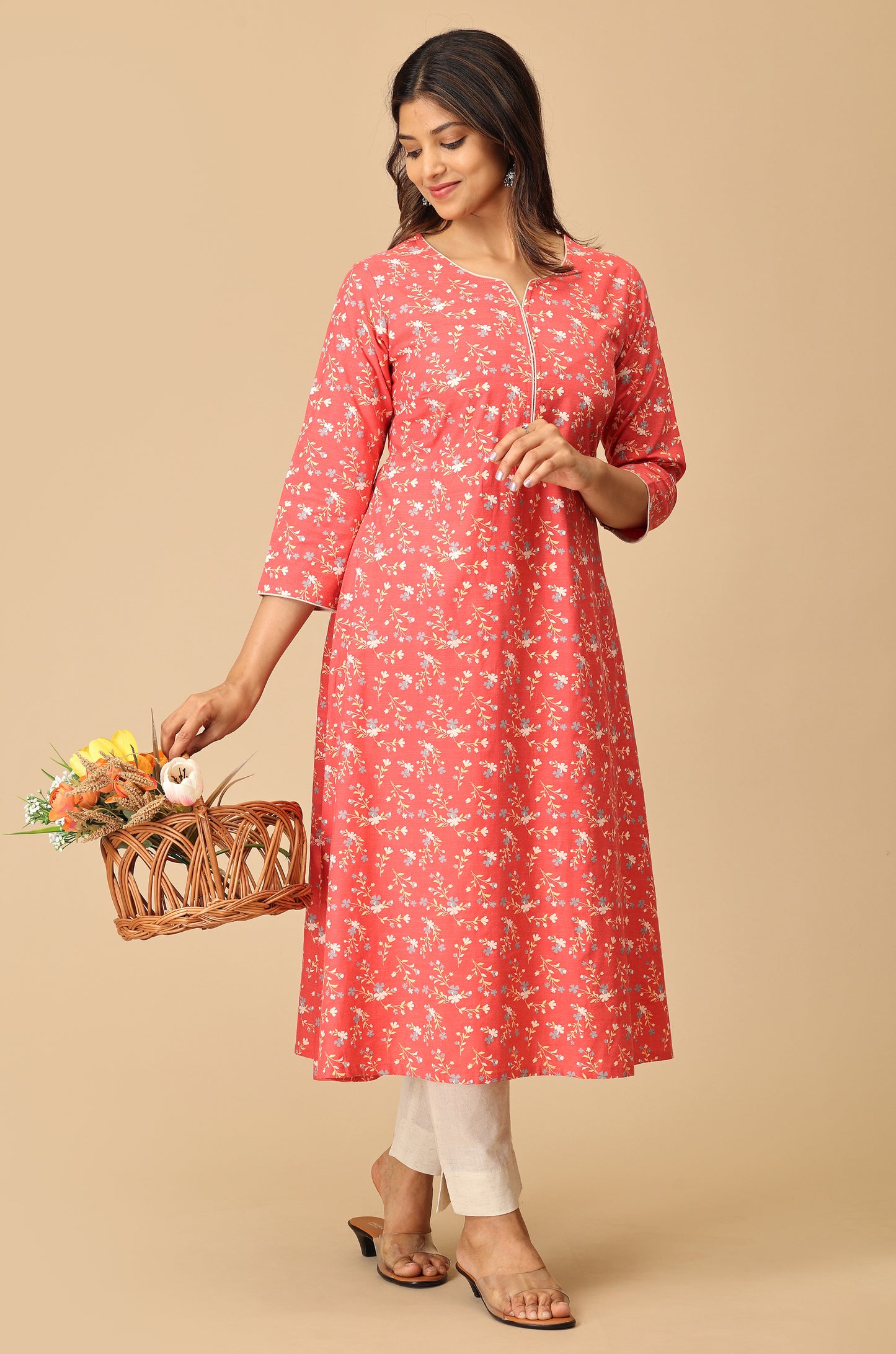 Coral Rayon Slub Print with Neck Piping Kurti