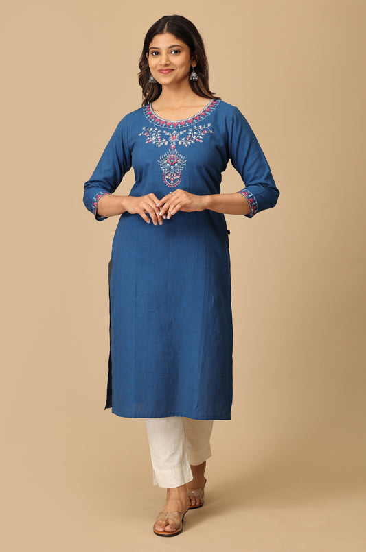 Blue Khadi Straight Embroidery Kurti