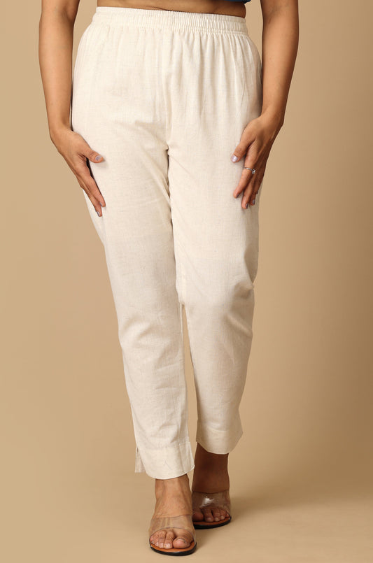 Ivory Cotton Trouser Fit with Drawstring Cigarette Pant