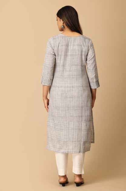 Grey Cotton Slub Patch Work Kurti