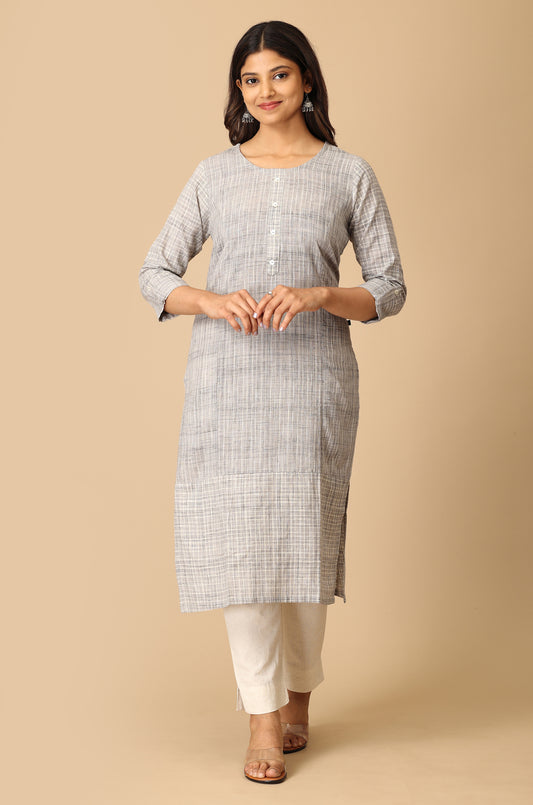 Grey Cotton Slub Patch Work Kurti