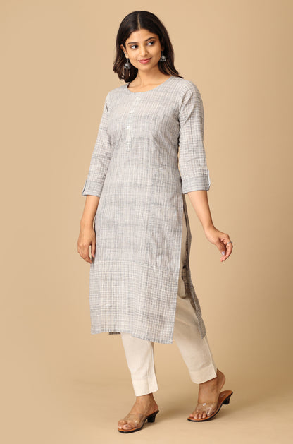 Grey Cotton Slub Patch Work Kurti