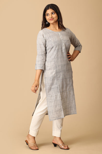 Grey Cotton Slub Patch Work Kurti