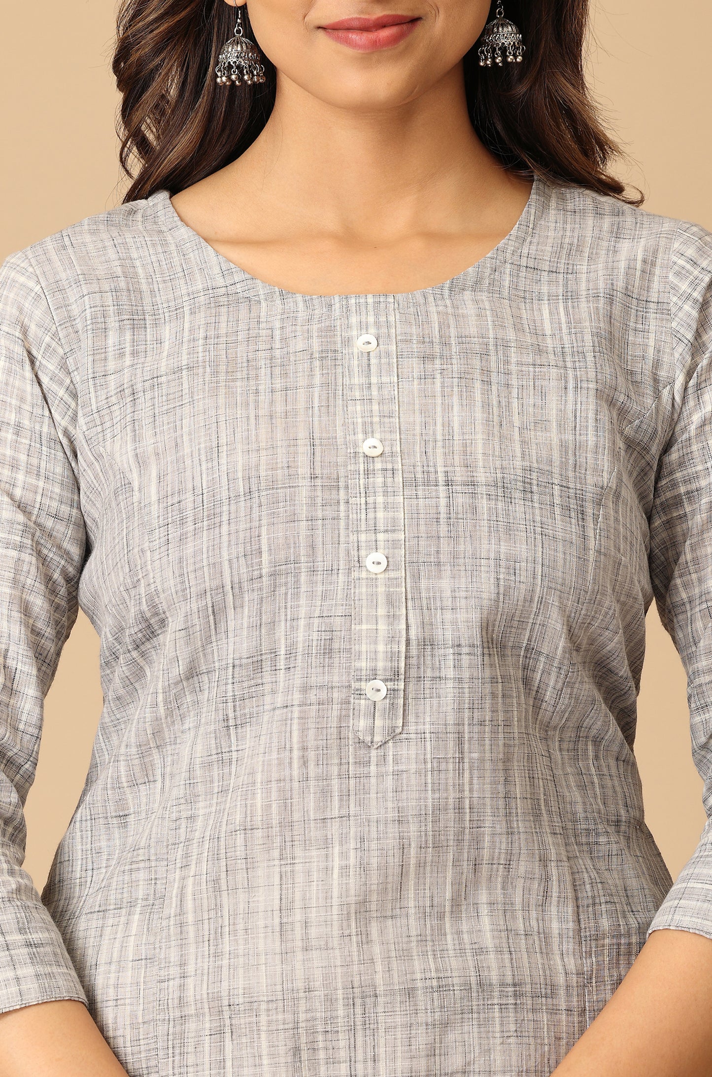 Grey Cotton Slub Patch Work Kurti