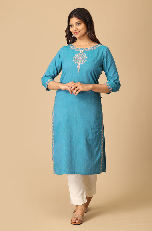 Blue Khadi Neck Embroidery Kurti