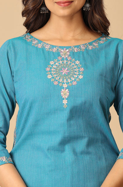 Blue Khadi Neck Embroidery Kurti